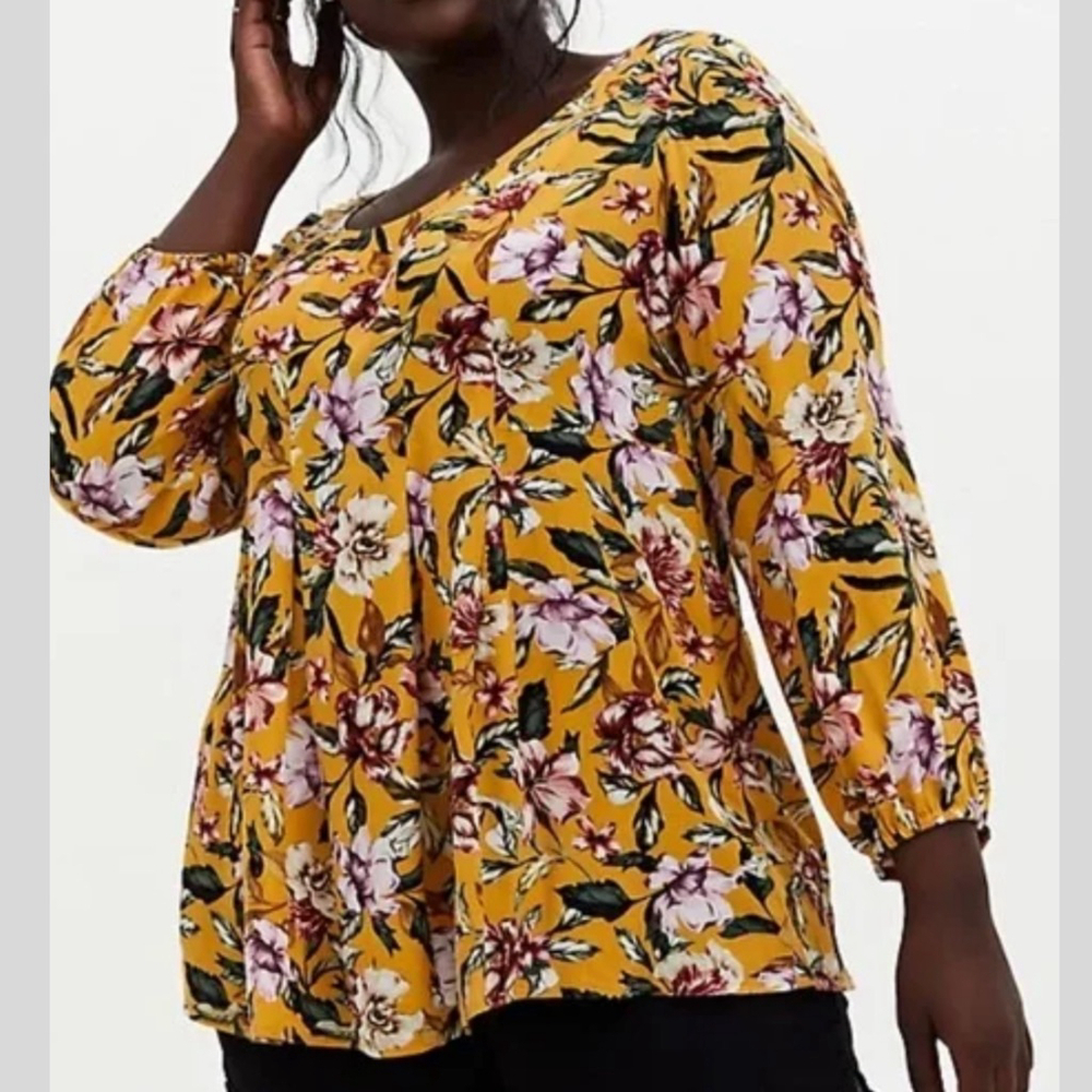 Torrid Fit and Flare Crinkle Gauze Top Women’s Size 3X Yellow Floral Long Sleeve